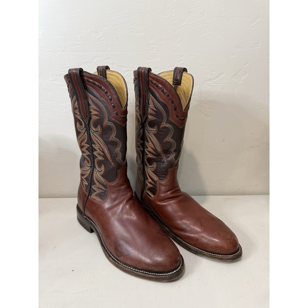 Vintage Men's Plain Toe Leather Cowboy Boots Two-Tone Flame Stitch Custom Made 9